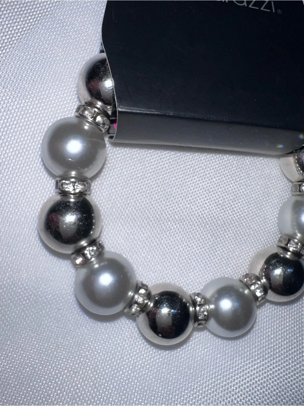 paparazzi Silver & White Pearl Stretch Bracelet with Rhinestone Accents